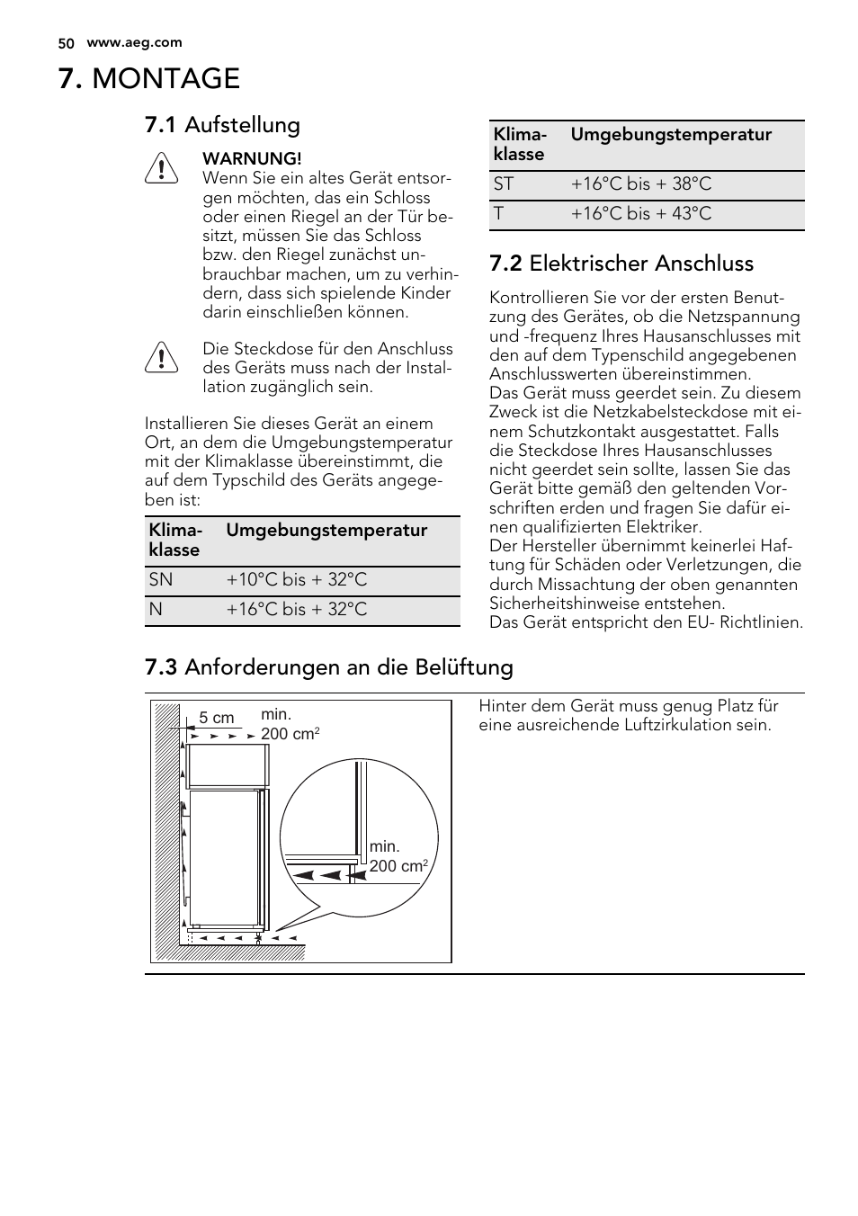 Montage, 1 aufstellung, 2 elektrischer anschluss | 3 anforderungen an die belüftung | AEG AGS58800S0 User Manual | Page 50 / 80