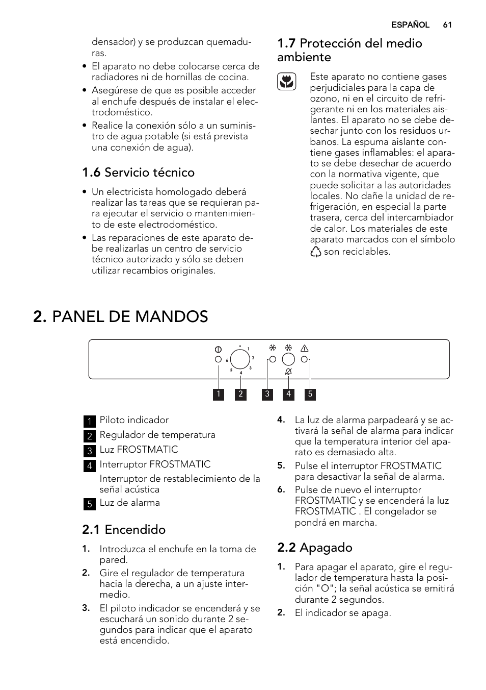 Panel de mandos, 6 servicio técnico, 7 protección del medio ambiente | 1 encendido, 2 apagado | AEG AGS58800S0 User Manual | Page 61 / 80