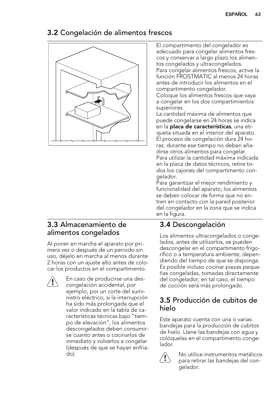 2 congelación de alimentos frescos, 3 almacenamiento de alimentos congelados, 4 descongelación | 5 producción de cubitos de hielo | AEG AGS58800S0 User Manual | Page 63 / 80