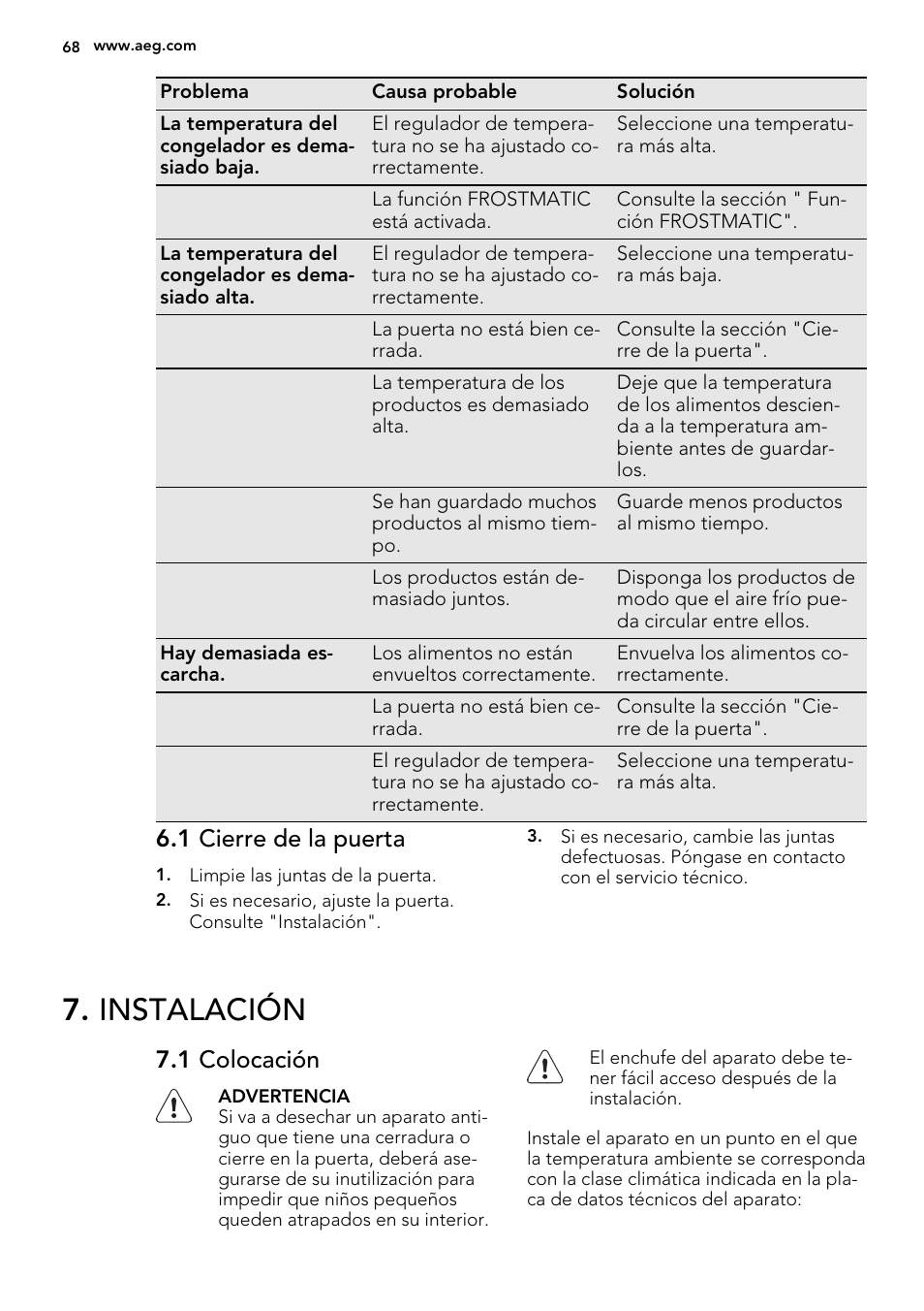 Instalación, 1 cierre de la puerta, 1 colocación | AEG AGS58800S0 User Manual | Page 68 / 80