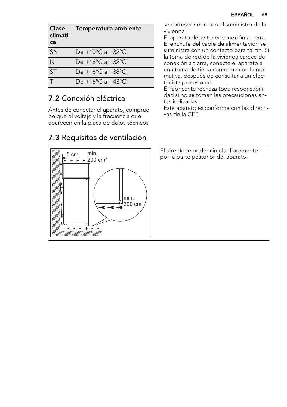 2 conexión eléctrica, 3 requisitos de ventilación | AEG AGS58800S0 User Manual | Page 69 / 80