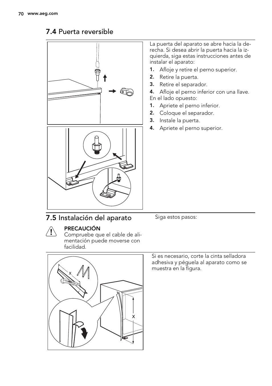 4 puerta reversible, 5 instalación del aparato | AEG AGS58800S0 User Manual | Page 70 / 80