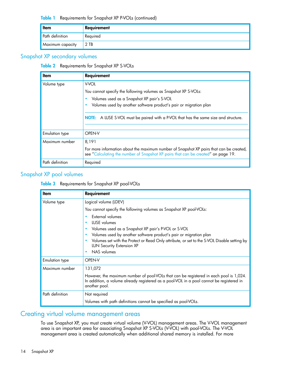 Snapshot xp secondary volumes, Table 2 requirements for snapshot xp s-vols, Snapshot xp pool volumes | Table 3 requirements for snapshot xp pool-vols, Creating virtual volume management areas, 2 requirements for snapshot xp s-vols, 3 requirements for snapshot xp pool-vols | HP StorageWorks XP Remote Web Console Software User Manual | Page 14 / 62