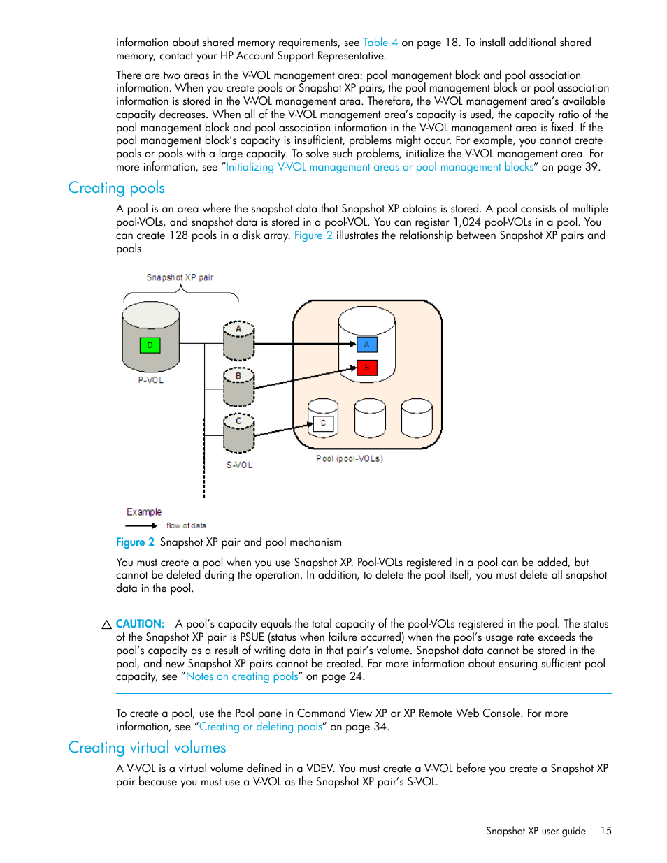 Creating pools, Figure 2 snapshot xp pair and pool mechanism, Creating virtual volumes | 2 snapshot xp pair and pool mechanism | HP StorageWorks XP Remote Web Console Software User Manual | Page 15 / 62