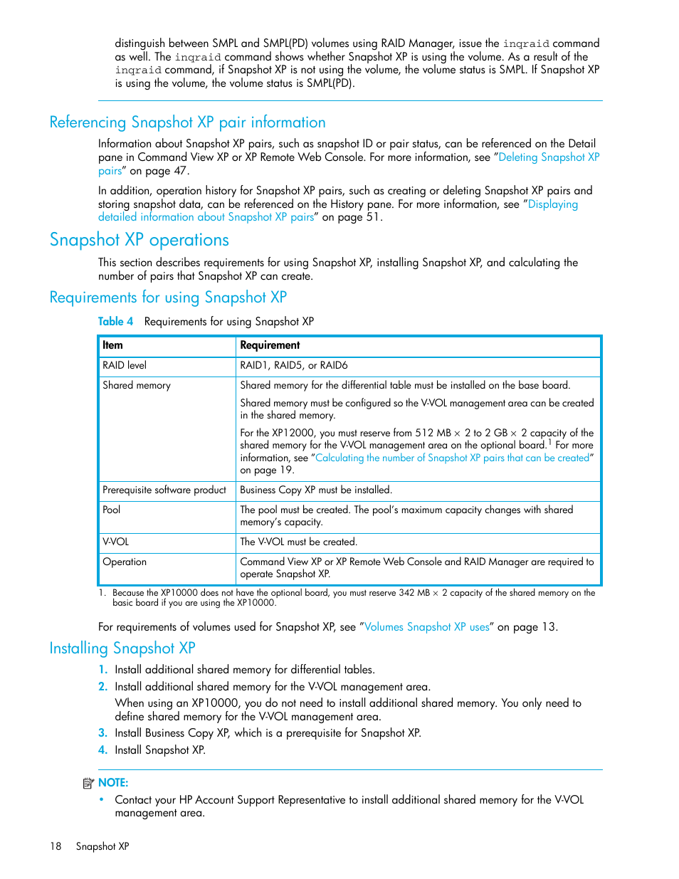 Referencing snapshot xp pair information, Snapshot xp operations, Requirements for using snapshot xp | Table 4 requirements for using snapshot xp, Installing snapshot xp, 4 requirements for using snapshot xp, Table 4 | HP StorageWorks XP Remote Web Console Software User Manual | Page 18 / 62