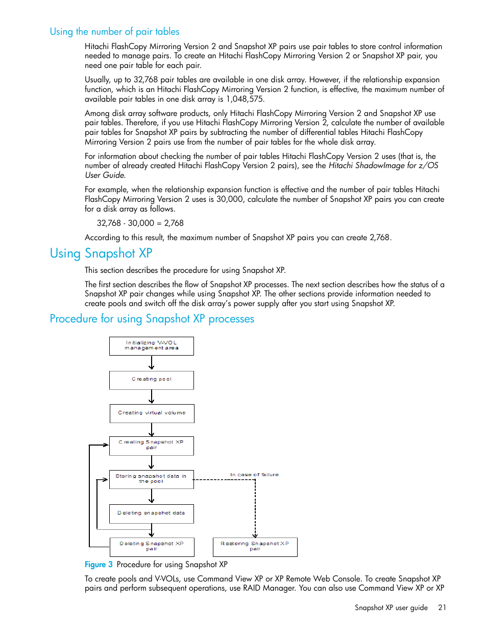 Using the number of pair tables, Using snapshot xp, Procedure for using snapshot xp processes | Figure 3 procedure for using snapshot xp, 3 procedure for using snapshot xp | HP StorageWorks XP Remote Web Console Software User Manual | Page 21 / 62