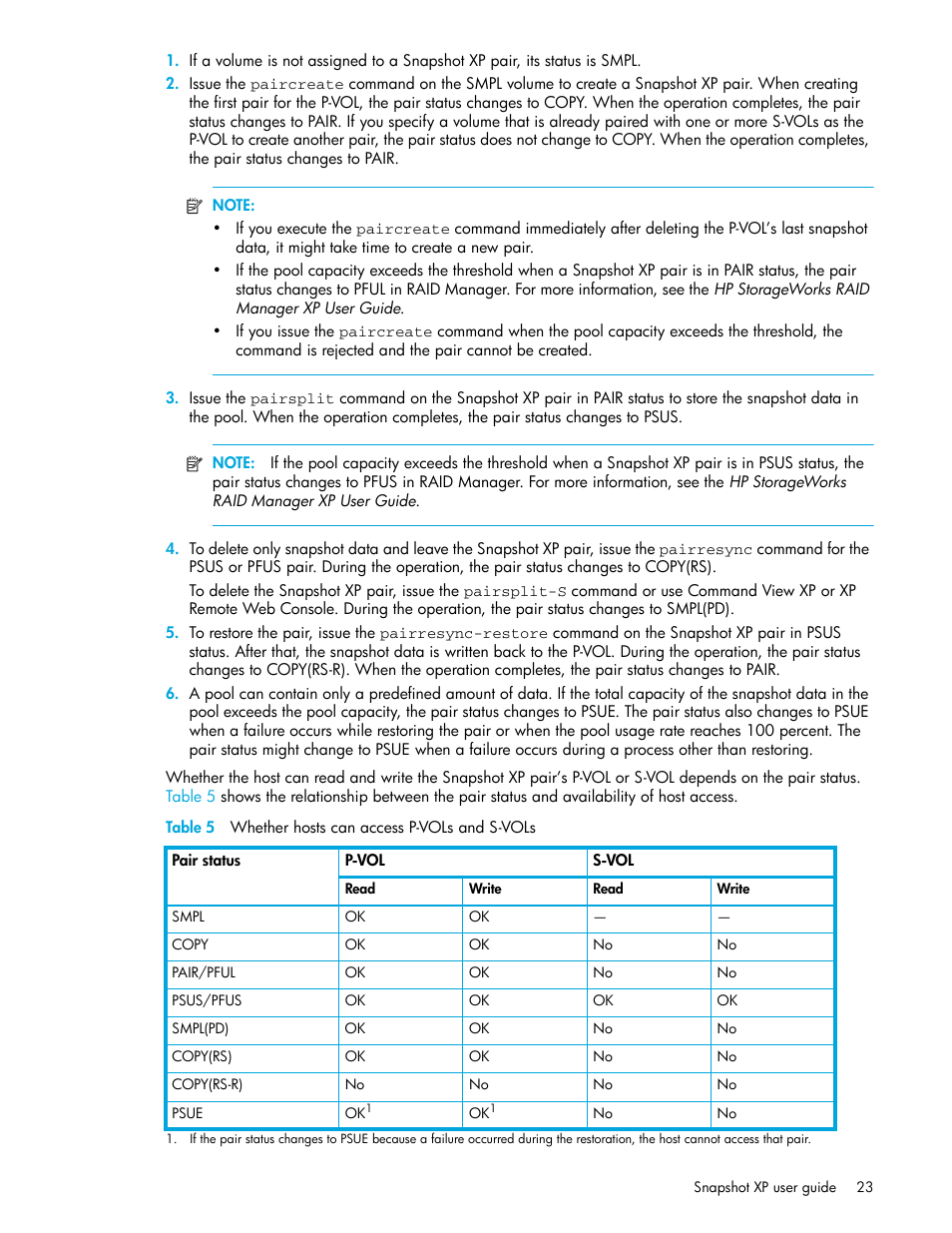 Table 5 whether hosts can access p-vols and s-vols, 5 whether hosts can access p-vols and s-vols | HP StorageWorks XP Remote Web Console Software User Manual | Page 23 / 62