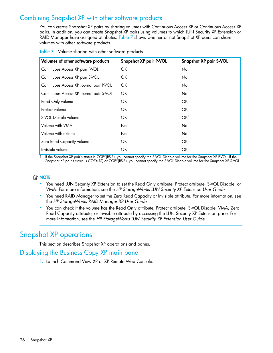 Combining snapshot xp with other software products, Snapshot xp operations, Displaying the business copy xp main pane | 7 volume sharing with other software products | HP StorageWorks XP Remote Web Console Software User Manual | Page 26 / 62