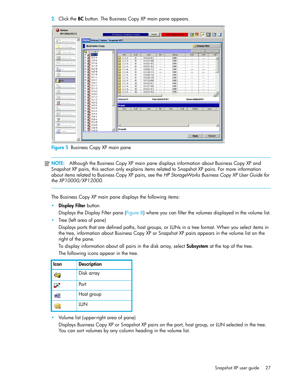 Figure 5 business copy xp main pane, 5 business copy xp main pane | HP StorageWorks XP Remote Web Console Software User Manual | Page 27 / 62