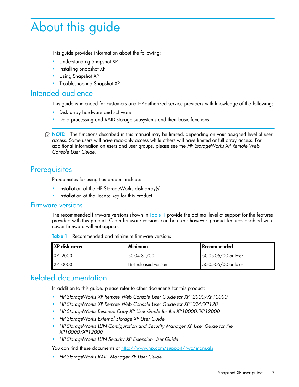 About this guide, Intended audience, Prerequisites | Firmware versions, Table 1 recommended and minimum firmware versions, Related documentation | HP StorageWorks XP Remote Web Console Software User Manual | Page 3 / 62