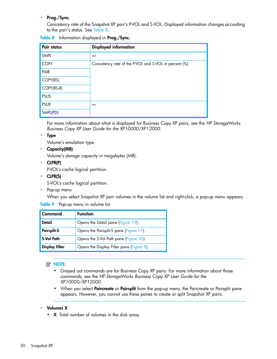 Table 8 information displayed in prog./sync, Table 9 pop-up menu in volume list, 8 information displayed in | 9 pop-up menu in volume list | HP StorageWorks XP Remote Web Console Software User Manual | Page 30 / 62