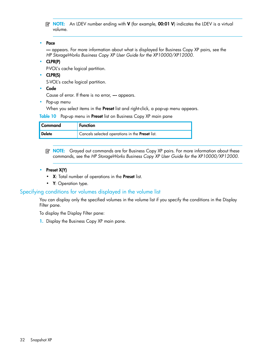 10 pop-up menu in pres, Specifying conditions, For volumes displayed in the volume list | HP StorageWorks XP Remote Web Console Software User Manual | Page 32 / 62
