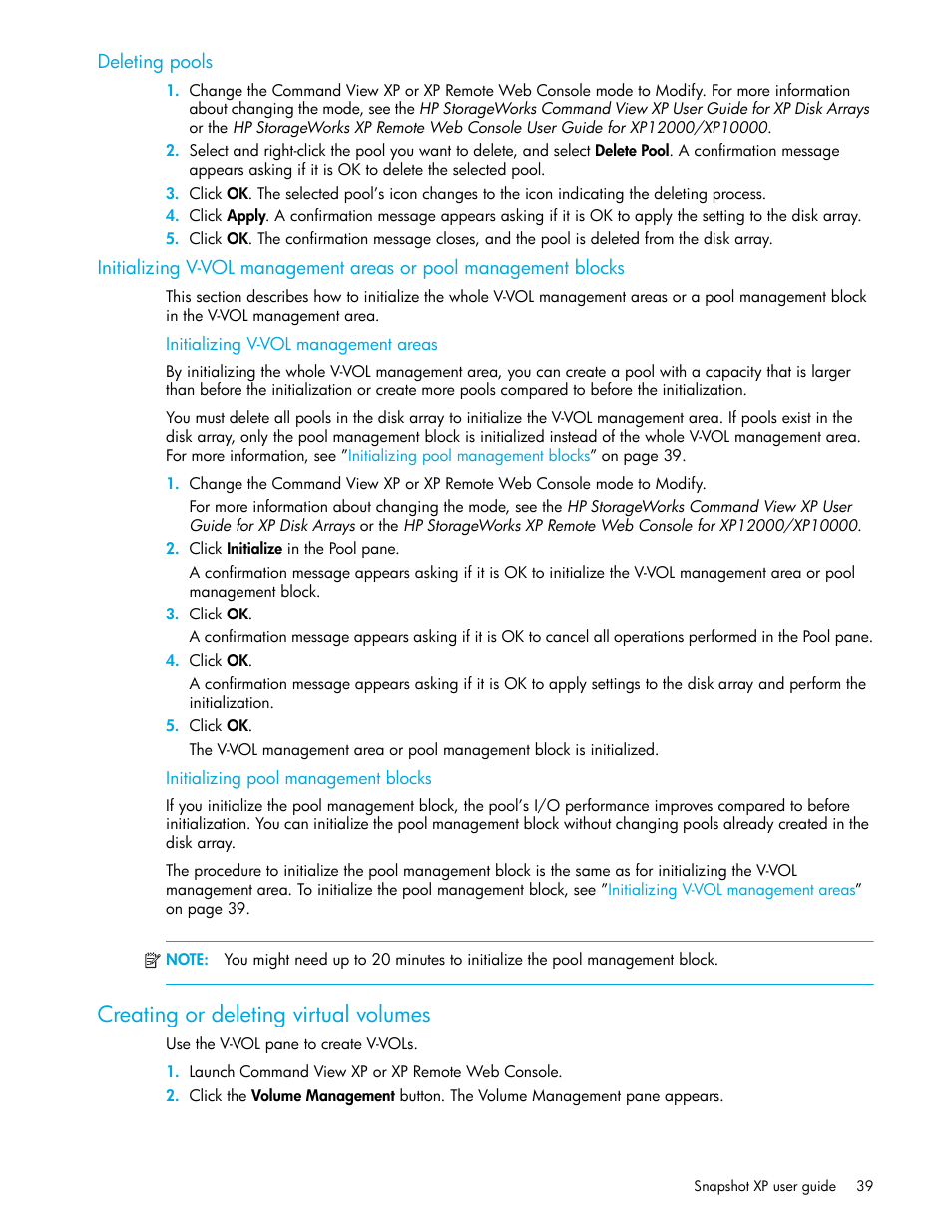 Deleting pools, Initializing v-vol management areas, Initializing pool management blocks | Creating or deleting virtual volumes, Blocks | HP StorageWorks XP Remote Web Console Software User Manual | Page 39 / 62