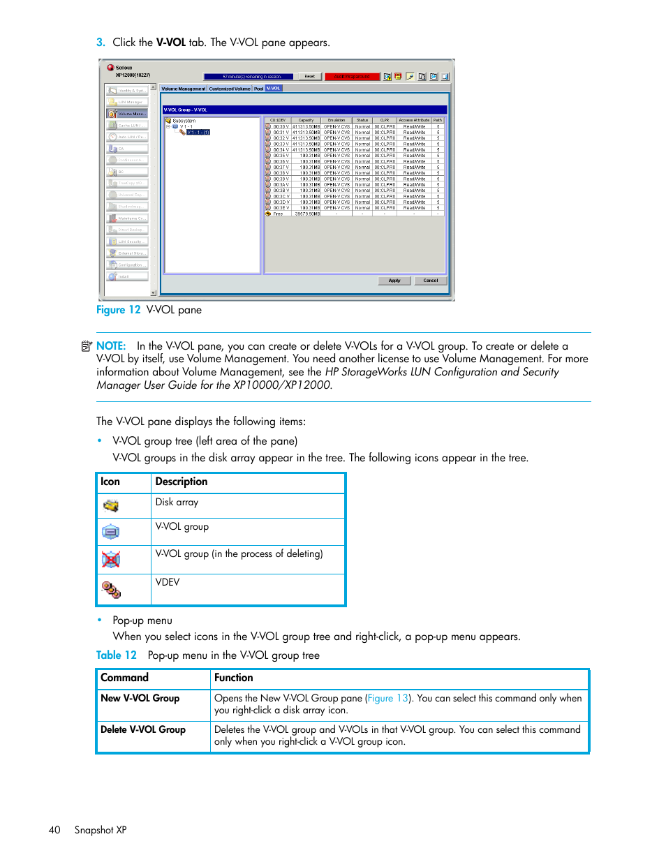 Figure 12 v-vol pane, Table 12 pop-up menu in the v-vol group tree, 12 v-vol pane | 12 pop-up menu in the v-vol group tree | HP StorageWorks XP Remote Web Console Software User Manual | Page 40 / 62