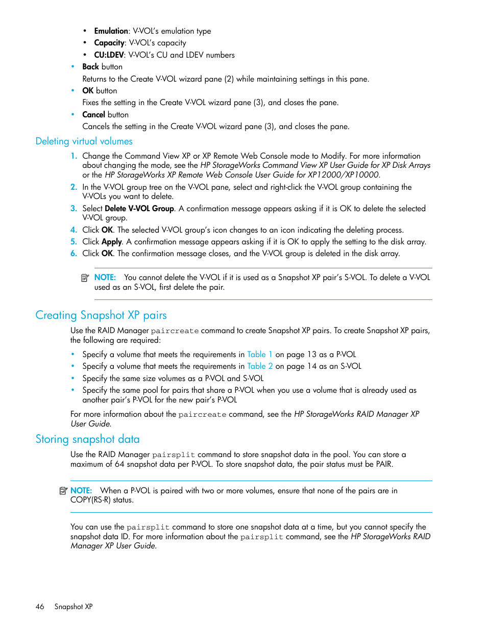 Deleting virtual volumes, Creating snapshot xp pairs, Storing snapshot data | Creating, Snapshot xp pairs, Storing, Snapshot data | HP StorageWorks XP Remote Web Console Software User Manual | Page 46 / 62