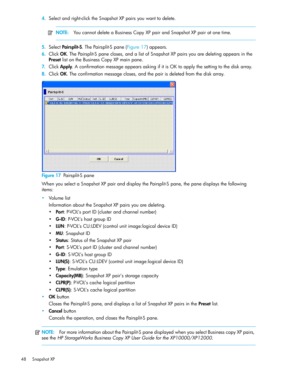 Figure 17 pairsplit-s pane, 17 pairsplit-s pane, Figure 17 | HP StorageWorks XP Remote Web Console Software User Manual | Page 48 / 62