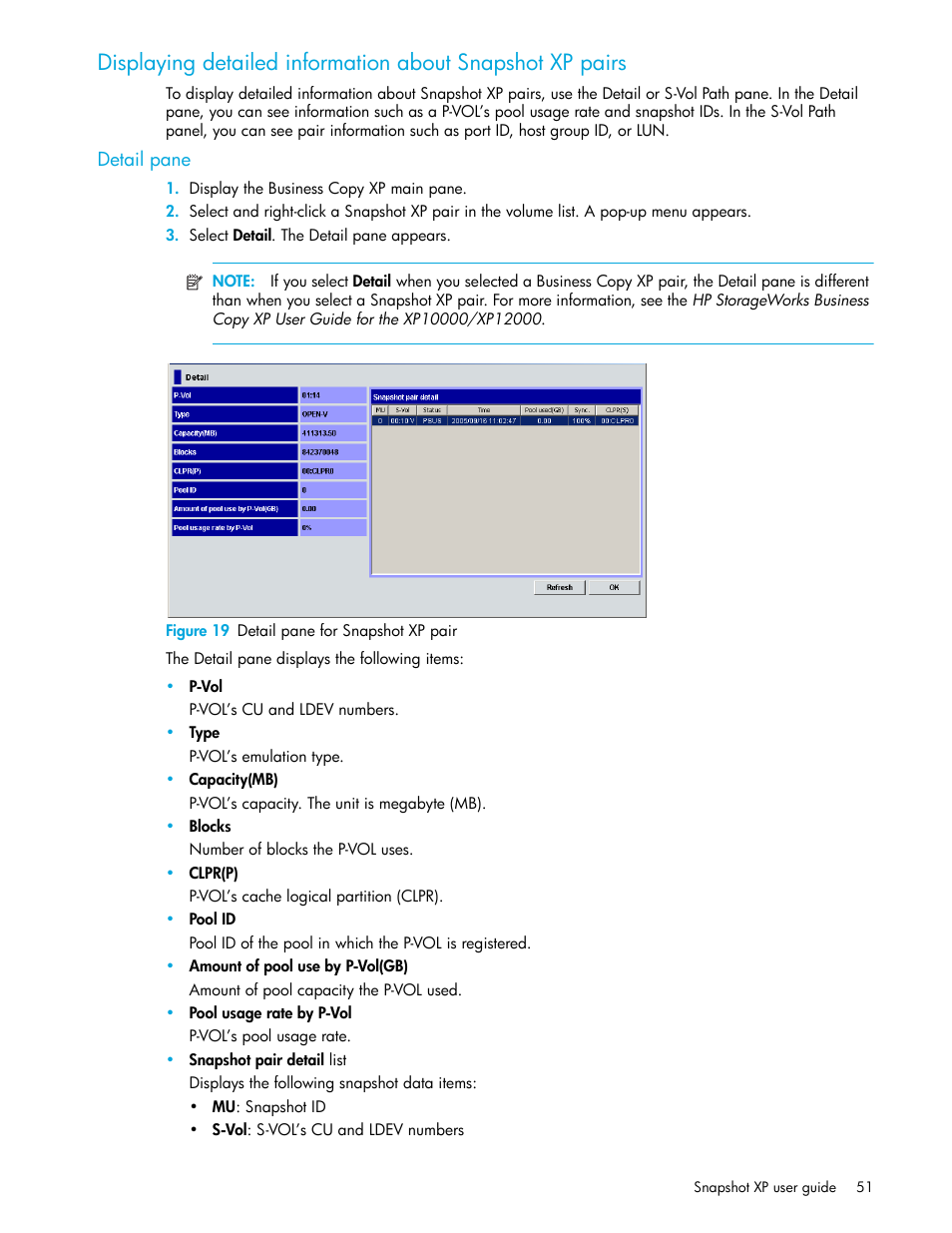 Detail pane, Figure 19 detail pane for snapshot xp pair, 19 detail pane for snapshot xp pair | Displaying, Detailed information about snapshot xp pairs, Figure 19 | HP StorageWorks XP Remote Web Console Software User Manual | Page 51 / 62