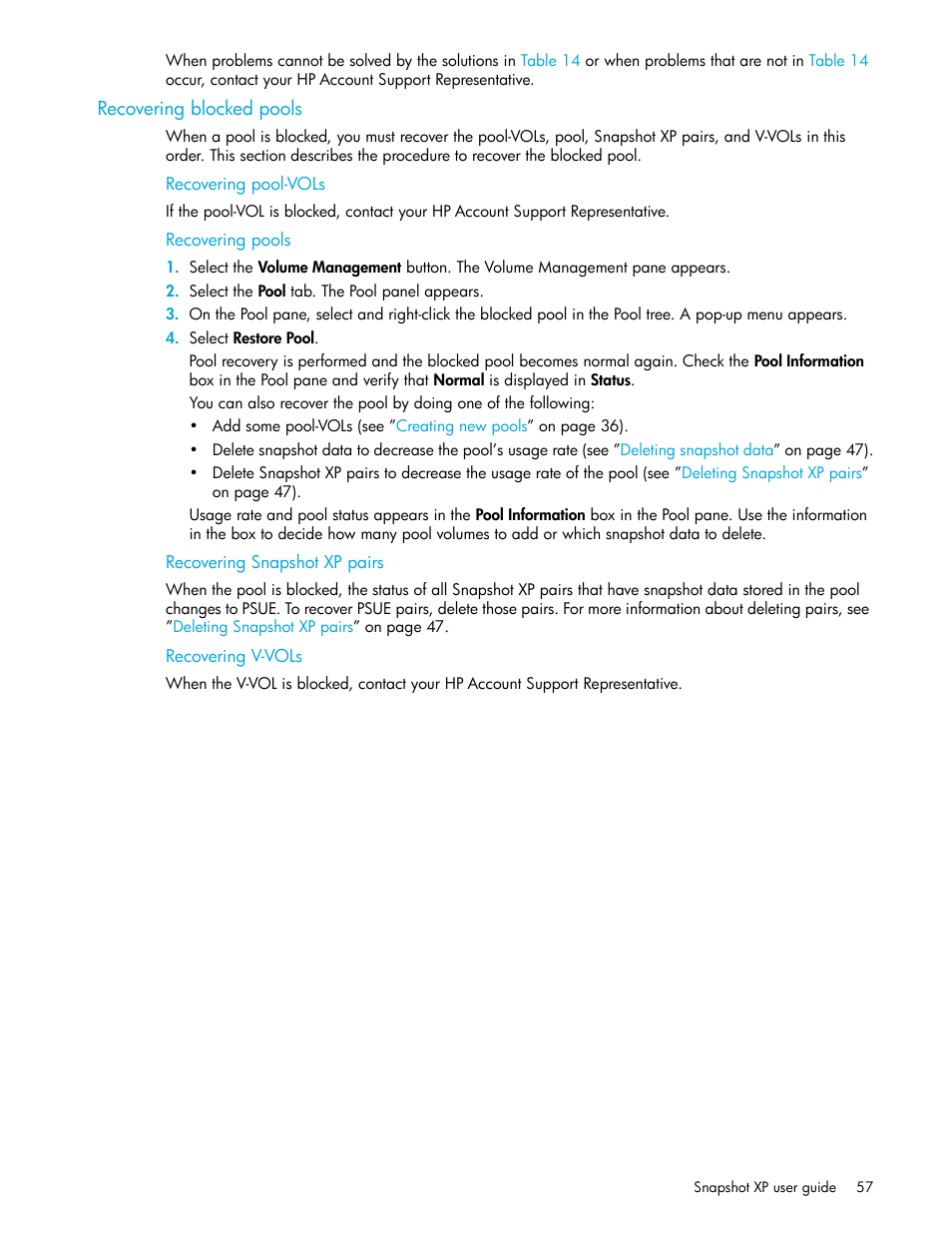 Recovering blocked pools, Recovering pool-vols, Recovering pools | Recovering snapshot xp pairs, Recovering v-vols, Recovering, Blocked pools, N in | HP StorageWorks XP Remote Web Console Software User Manual | Page 57 / 62