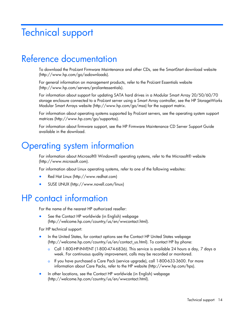 Technical support, Reference documentation, Operating system information | Hp contact information | HP ProLiant Support Pack User Manual | Page 14 / 16