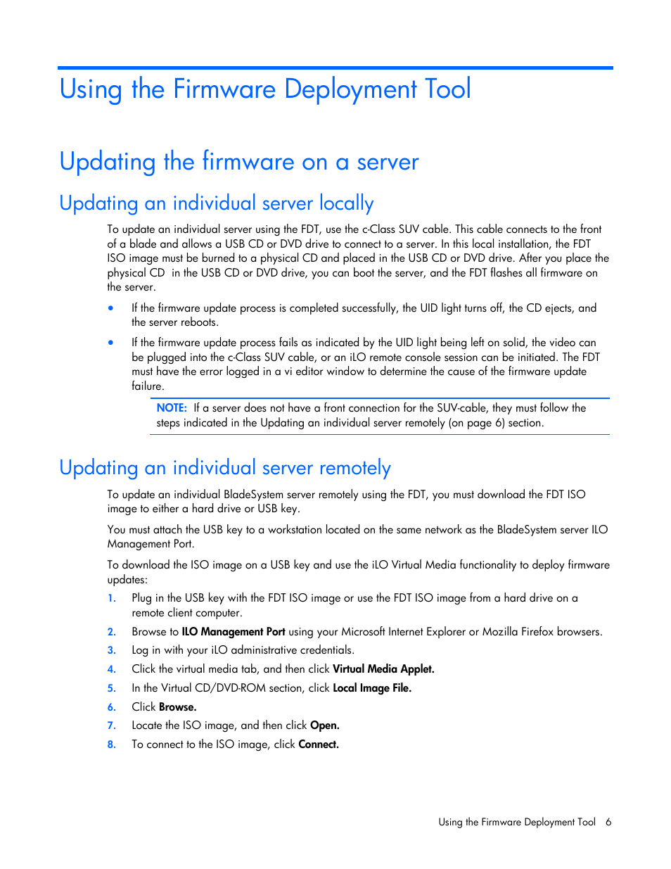 Using the firmware deployment tool, Updating the firmware on a server, Updating an individual server locally | Updating an individual server remotely | HP ProLiant Support Pack User Manual | Page 6 / 16