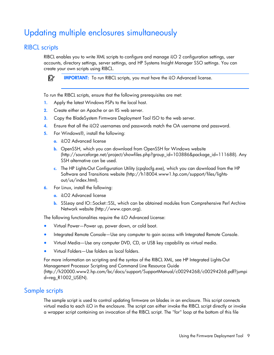 Updating multiple enclosures simultaneously, Ribcl scripts, Sample scripts | HP ProLiant Support Pack User Manual | Page 9 / 16