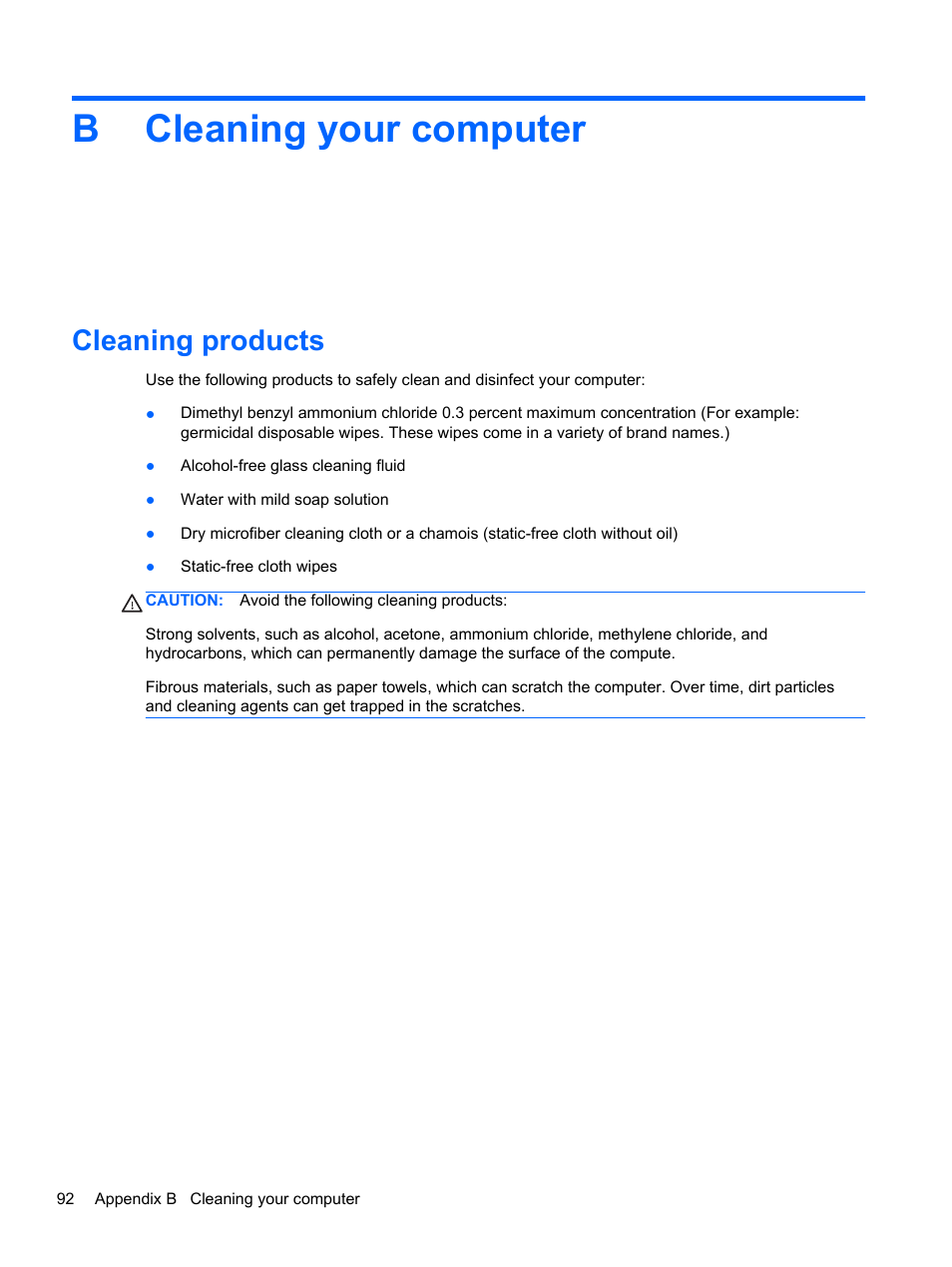 Cleaning your computer, Cleaning products, Appendix b cleaning your computer | Bcleaning your computer | HP ProBook 4740s Notebook-PC User Manual | Page 102 / 110