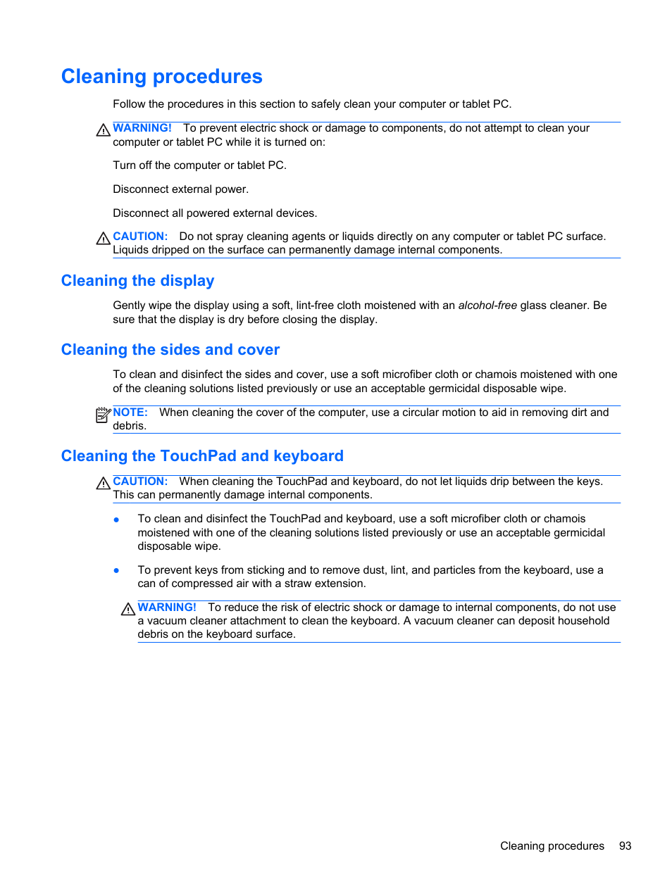 Cleaning procedures, Cleaning the display, Cleaning the sides and cover | Cleaning the touchpad and keyboard | HP ProBook 4740s Notebook-PC User Manual | Page 103 / 110