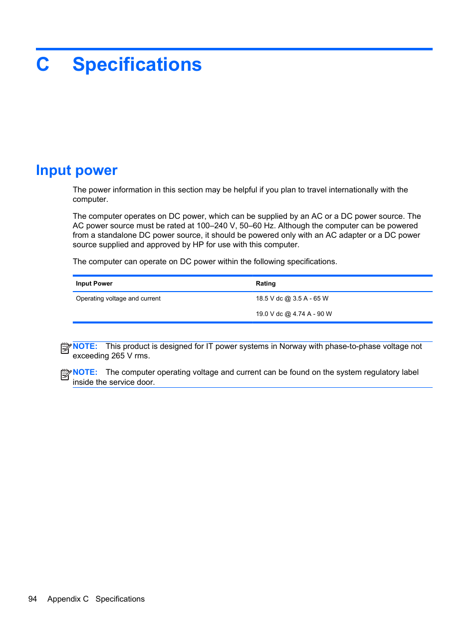 Specifications, Input power, Appendix c specifications | Cspecifications | HP ProBook 4740s Notebook-PC User Manual | Page 104 / 110