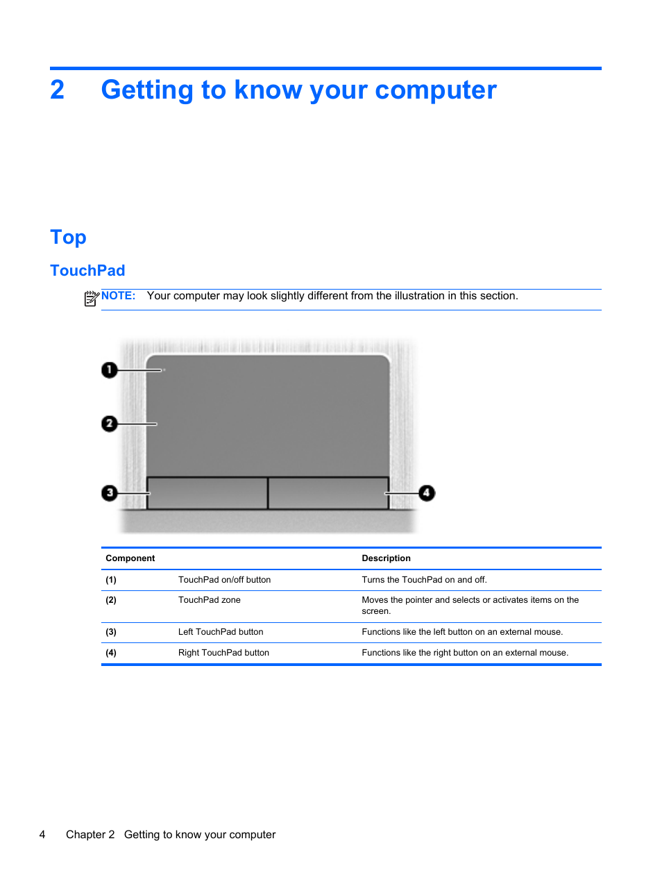 Getting to know your computer, Touchpad, 2 getting to know your computer | Getting to know, 2getting to know your computer | HP ProBook 4740s Notebook-PC User Manual | Page 14 / 110