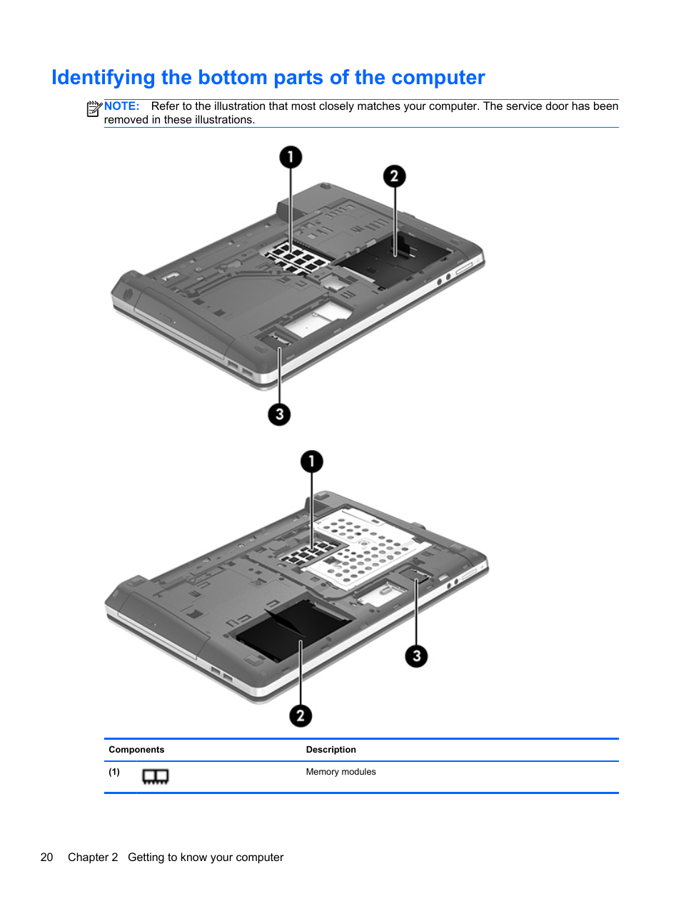 Identifying the bottom parts of the computer | HP ProBook 4740s Notebook-PC User Manual | Page 30 / 110