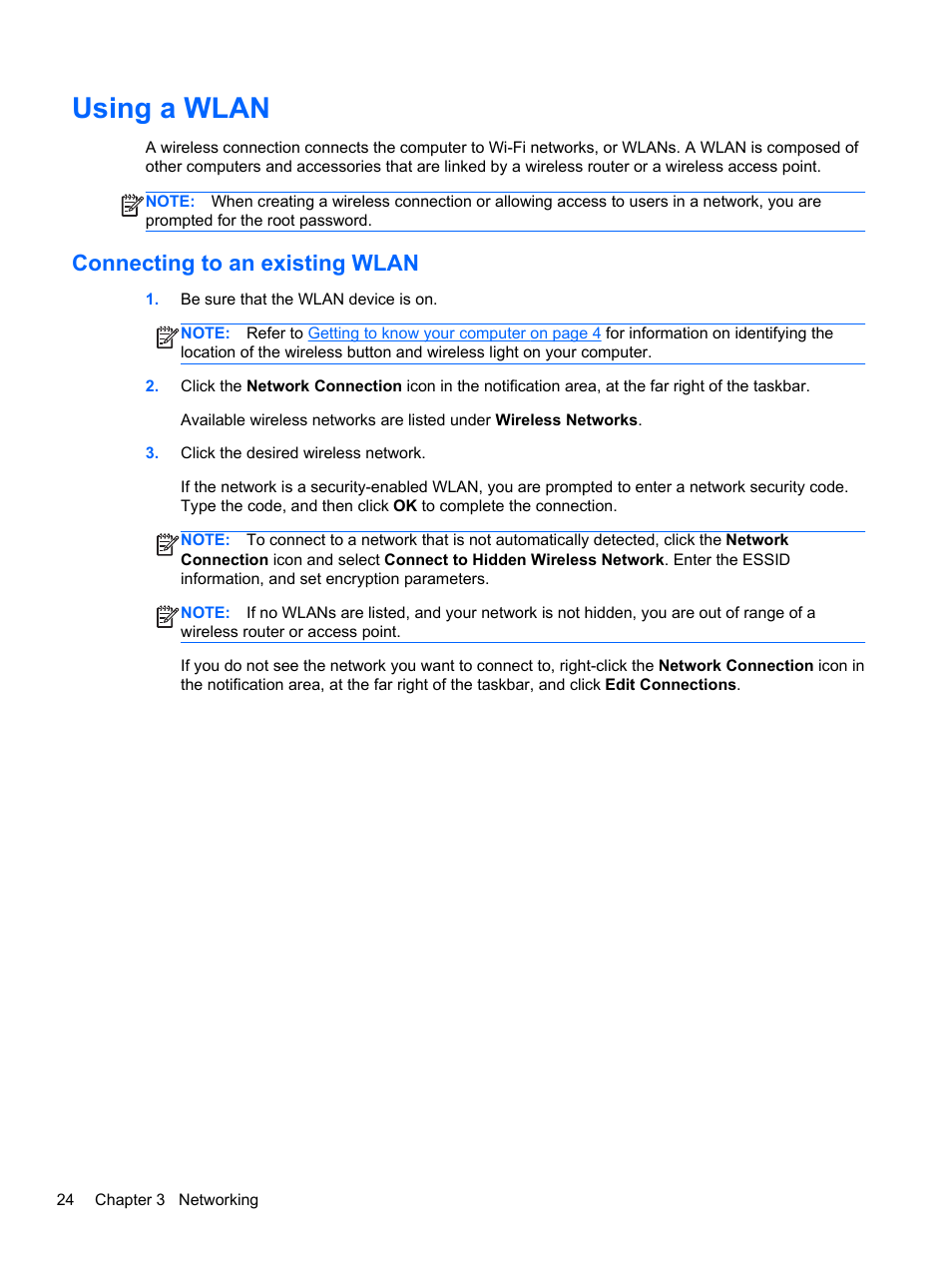Using a wlan, Connecting to an existing wlan, Connecting | HP ProBook 4740s Notebook-PC User Manual | Page 34 / 110