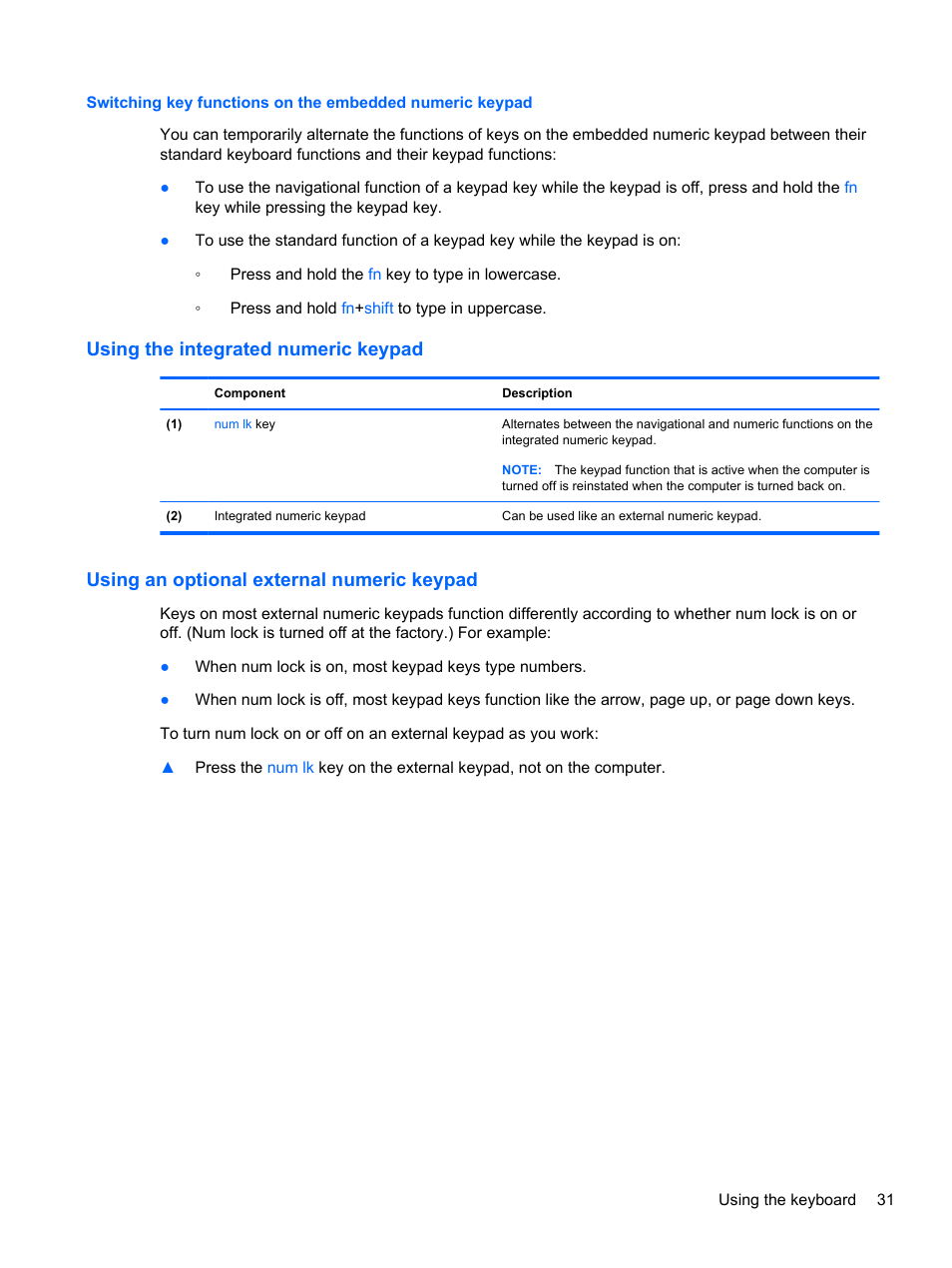 Using the integrated numeric keypad, Using an optional external numeric keypad | HP ProBook 4740s Notebook-PC User Manual | Page 41 / 110