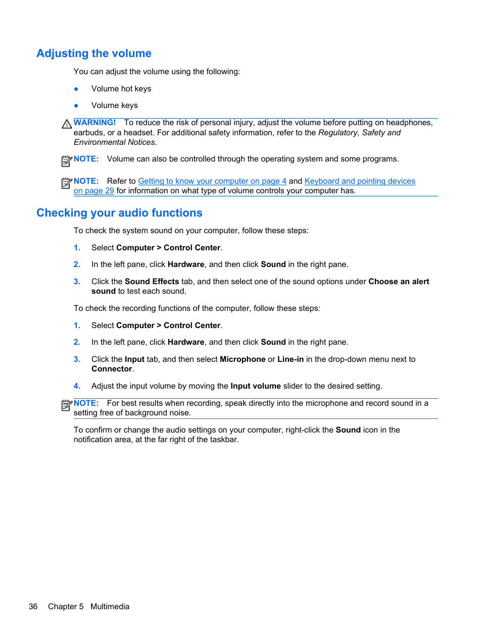 Adjusting the volume, Checking your audio functions, Adjusting the volume checking your audio functions | HP ProBook 4740s Notebook-PC User Manual | Page 46 / 110