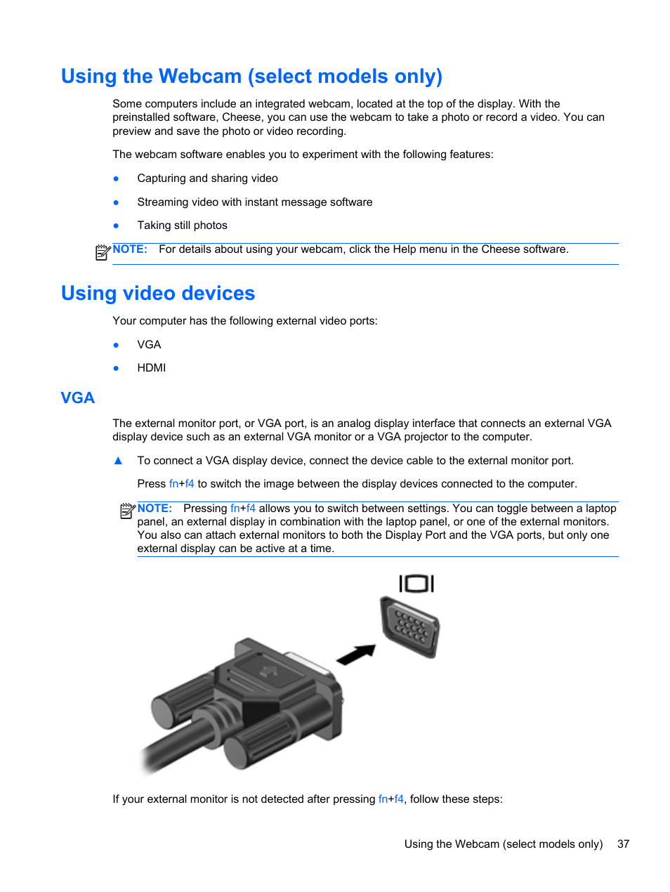 Using the webcam (select models only), Using video devices | HP ProBook 4740s Notebook-PC User Manual | Page 47 / 110