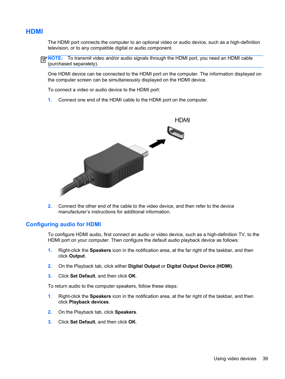 Hdmi, Configuring audio for hdmi | HP ProBook 4740s Notebook-PC User Manual | Page 49 / 110