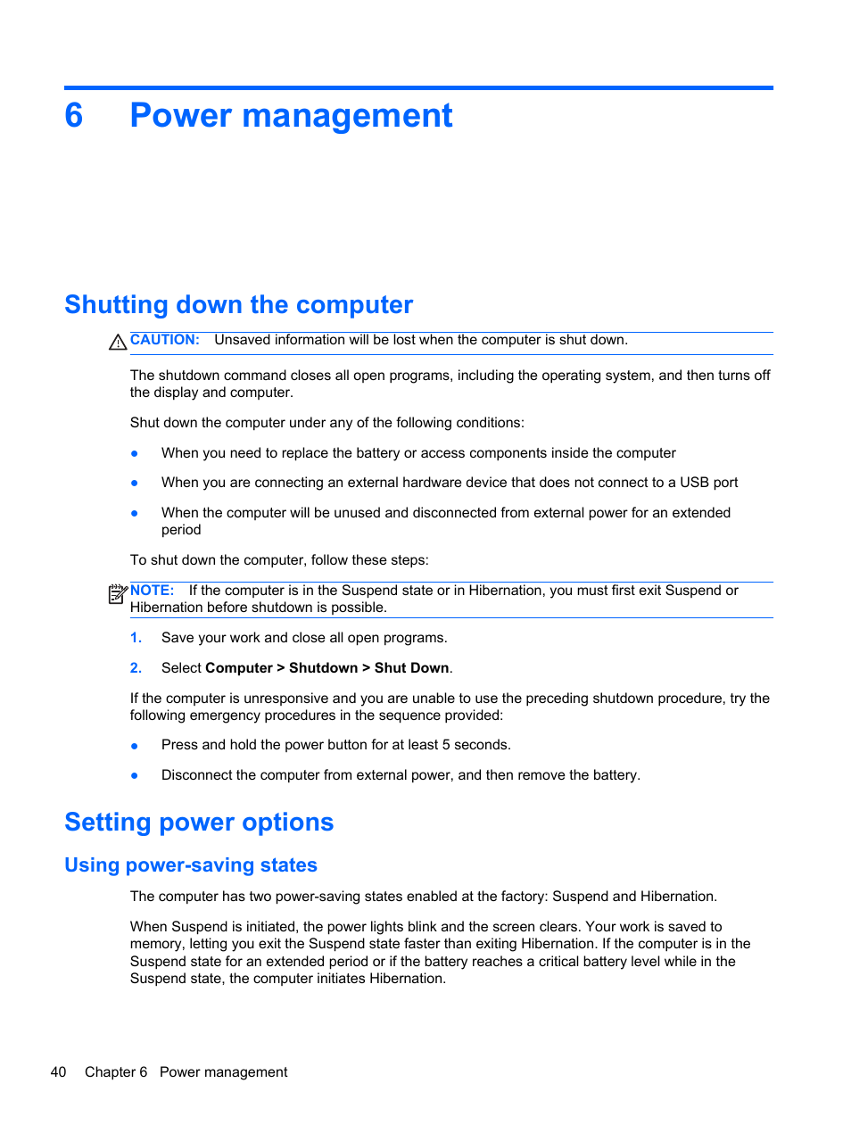 Power management, Shutting down the computer, Setting power options | Using power-saving states, 6 power management, Shutting down the computer setting power options, 6power management | HP ProBook 4740s Notebook-PC User Manual | Page 50 / 110