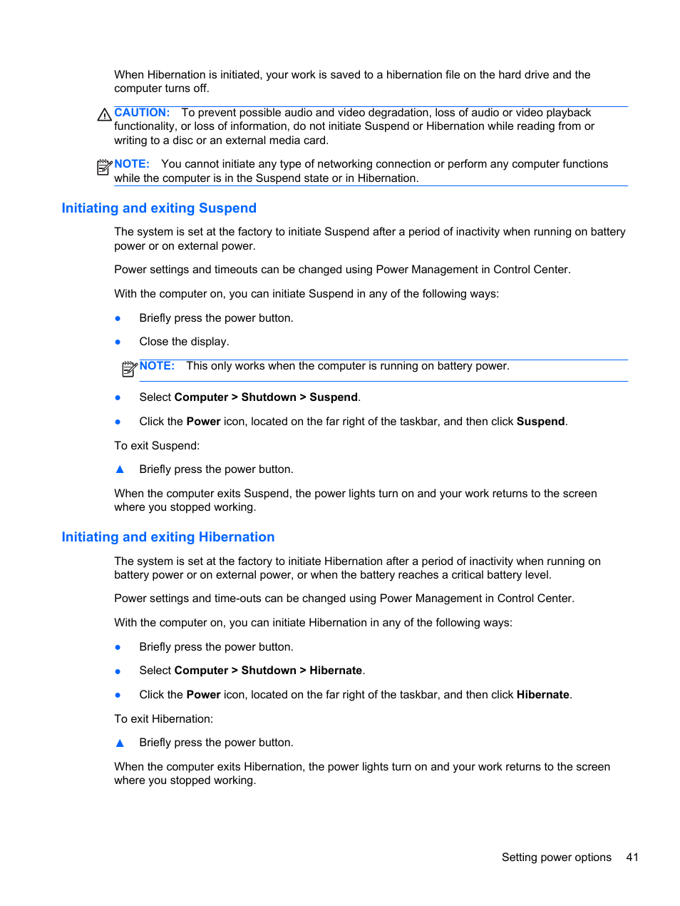 Initiating and exiting suspend, Initiating and exiting hibernation | HP ProBook 4740s Notebook-PC User Manual | Page 51 / 110