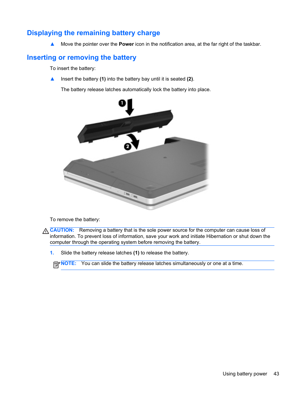 Displaying the remaining battery charge, Inserting or removing the battery | HP ProBook 4740s Notebook-PC User Manual | Page 53 / 110