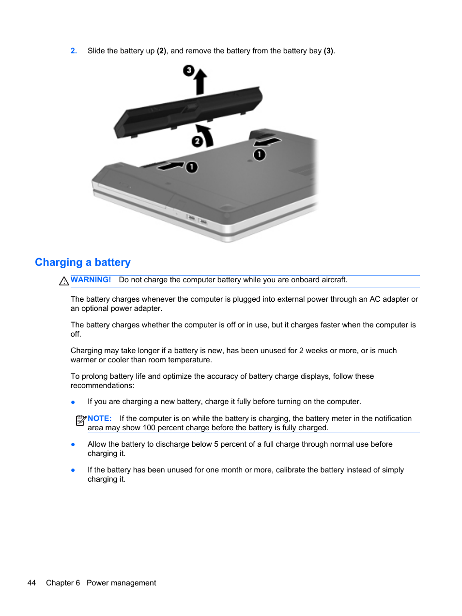Charging a battery | HP ProBook 4740s Notebook-PC User Manual | Page 54 / 110