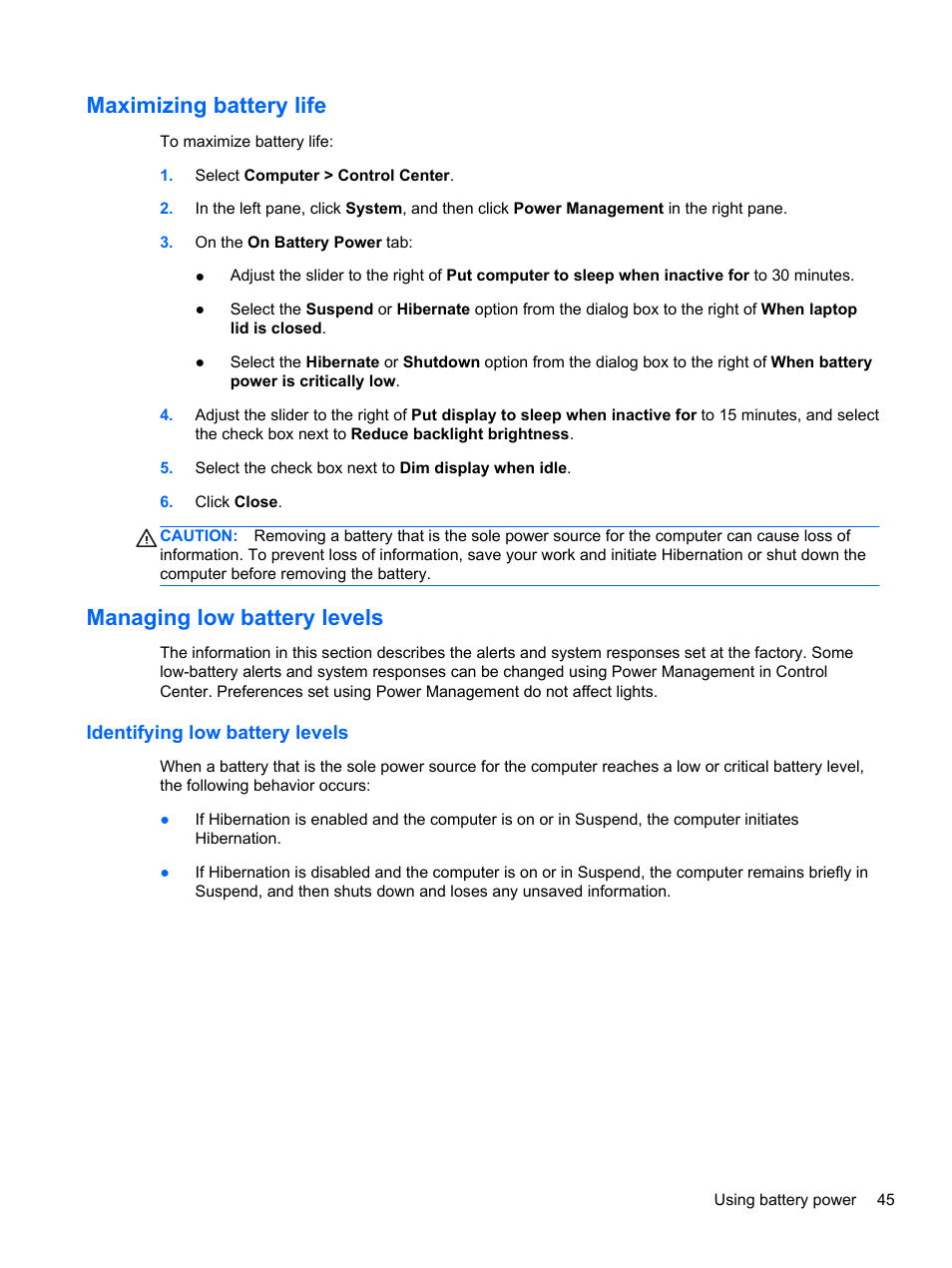 Maximizing battery life, Managing low battery levels, Identifying low battery levels | HP ProBook 4740s Notebook-PC User Manual | Page 55 / 110