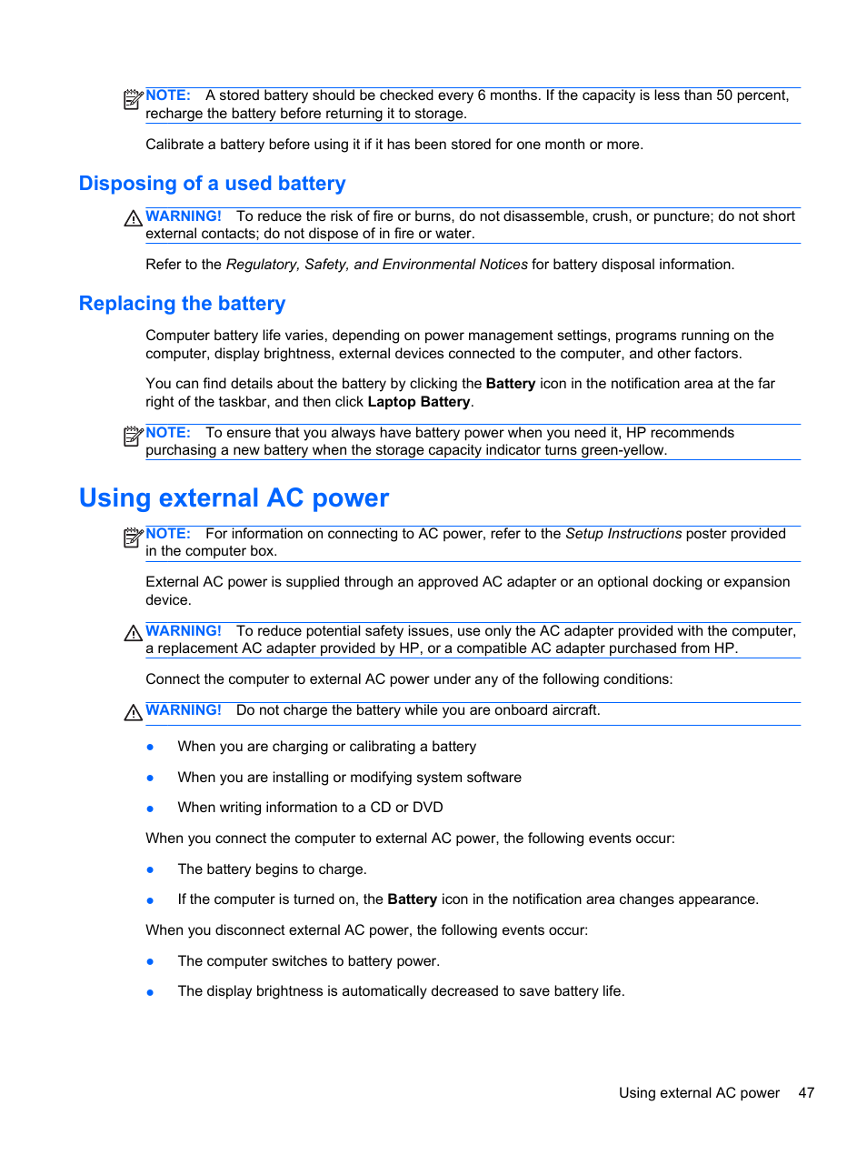 Disposing of a used battery, Replacing the battery, Using external ac power | Disposing of a used battery replacing the battery | HP ProBook 4740s Notebook-PC User Manual | Page 57 / 110