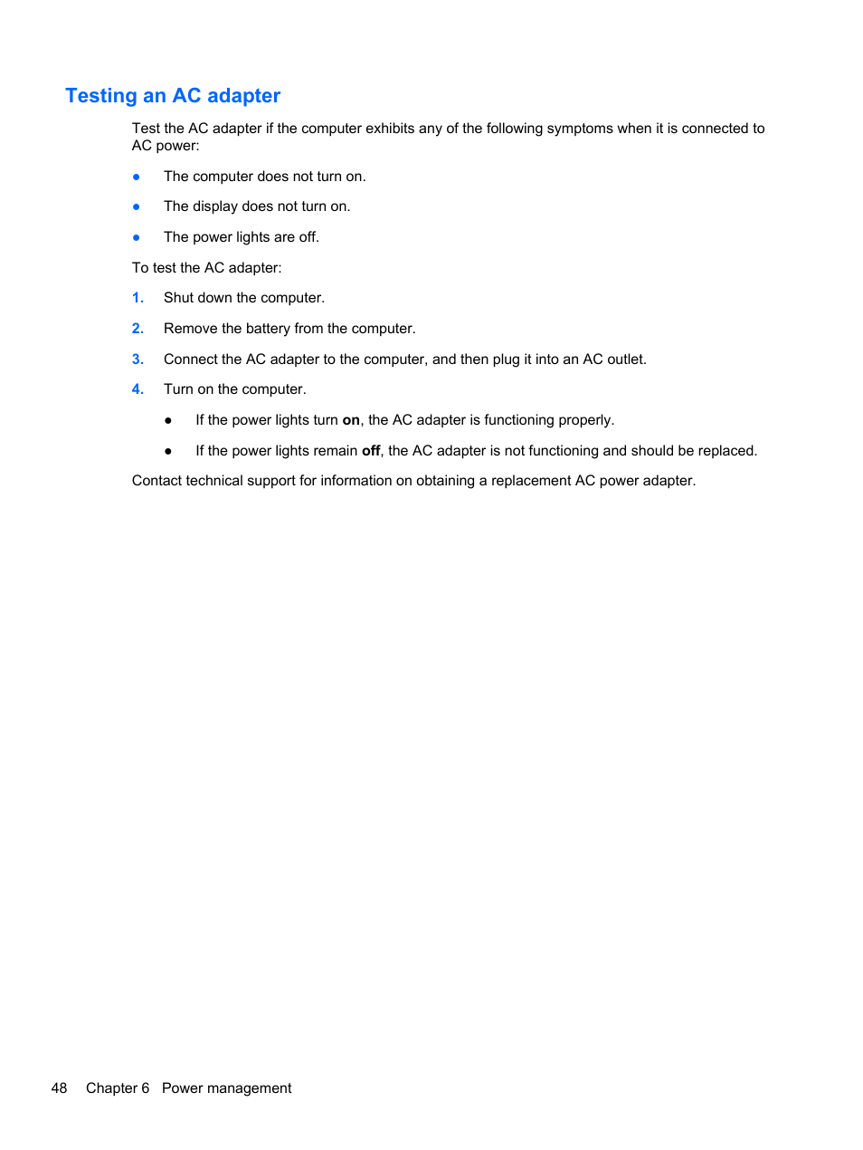 Testing an ac adapter | HP ProBook 4740s Notebook-PC User Manual | Page 58 / 110