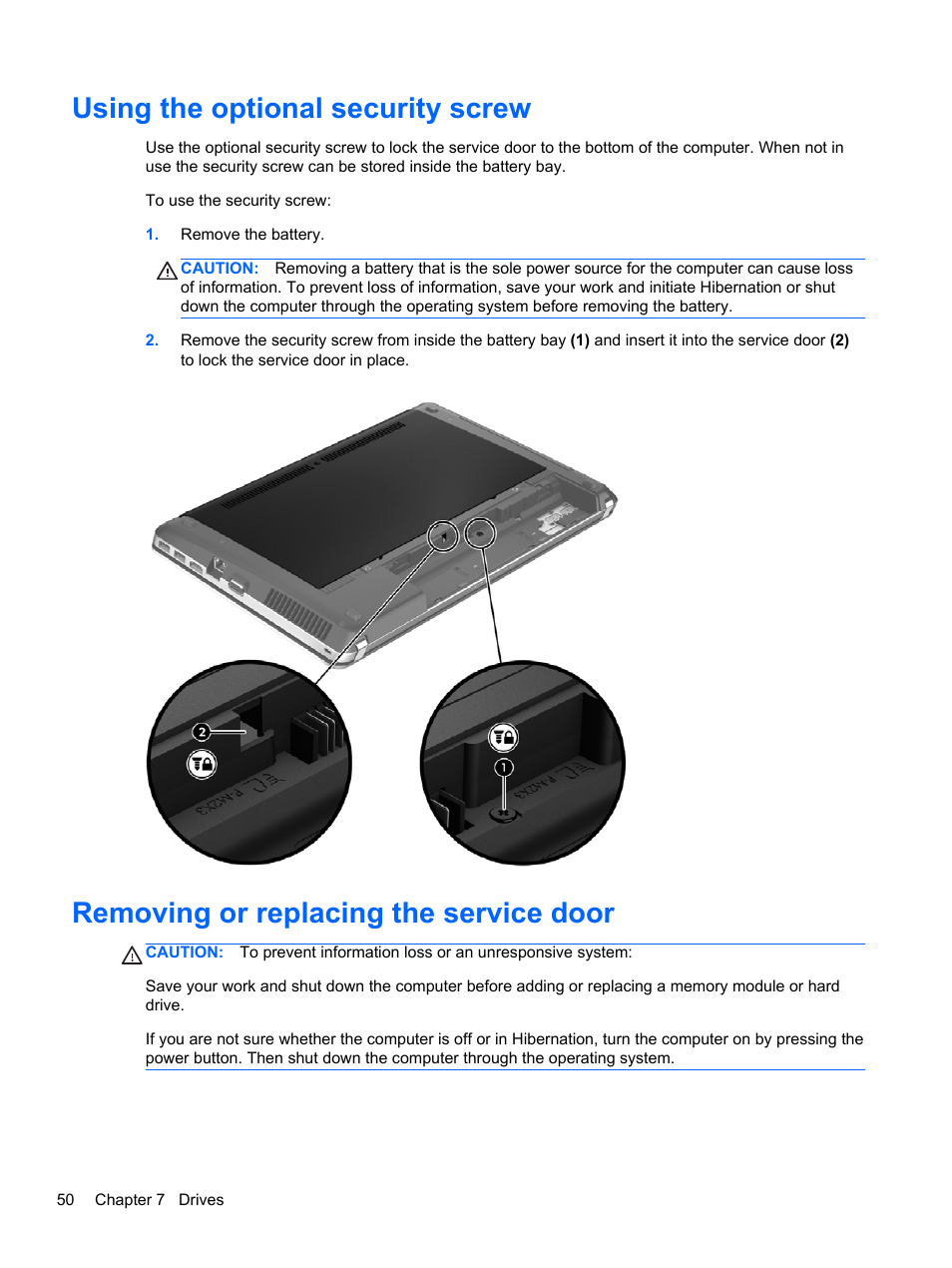 Using the optional security screw, Removing or replacing the service door | HP ProBook 4740s Notebook-PC User Manual | Page 60 / 110