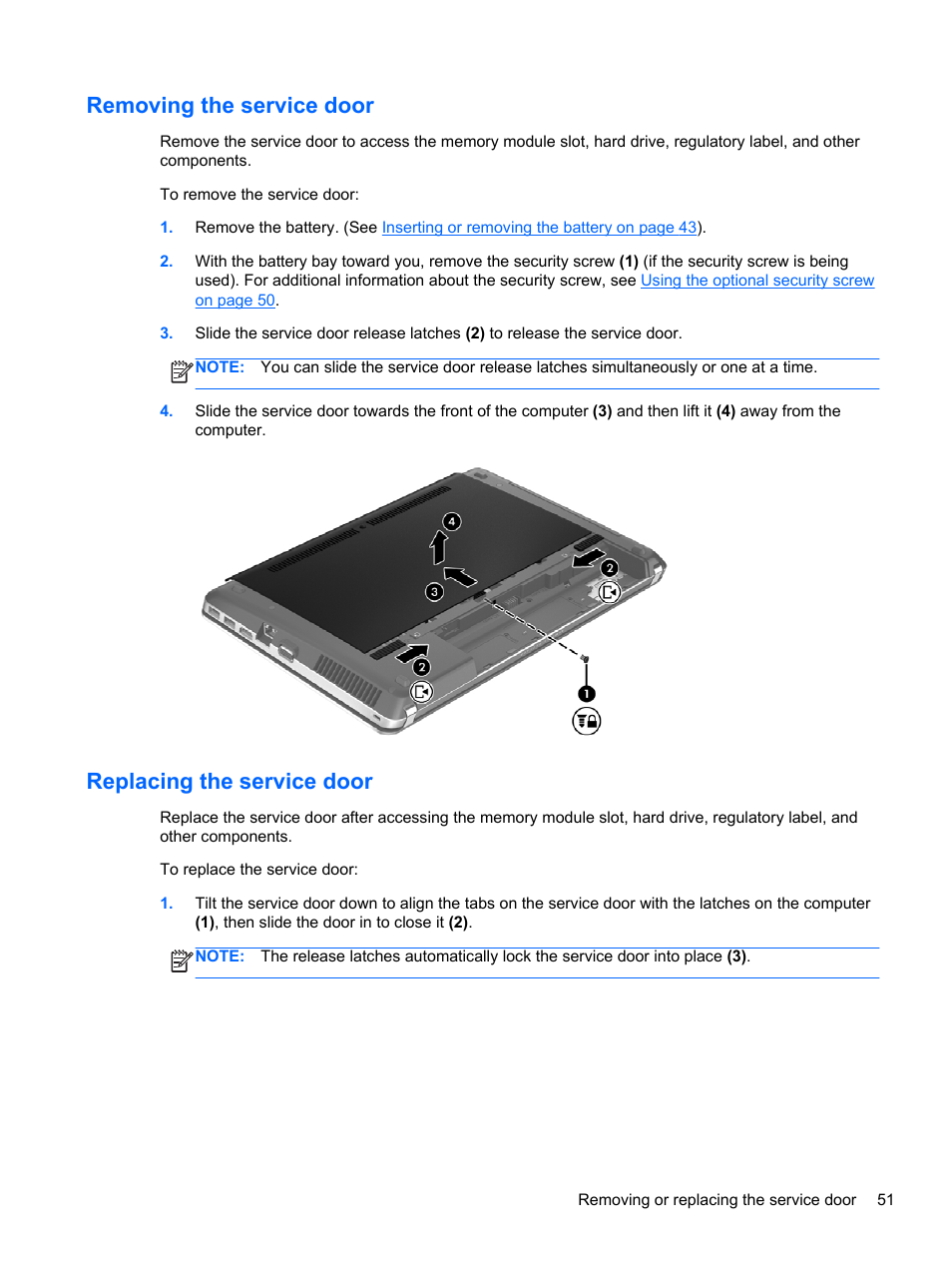Removing the service door, Replacing the service door | HP ProBook 4740s Notebook-PC User Manual | Page 61 / 110