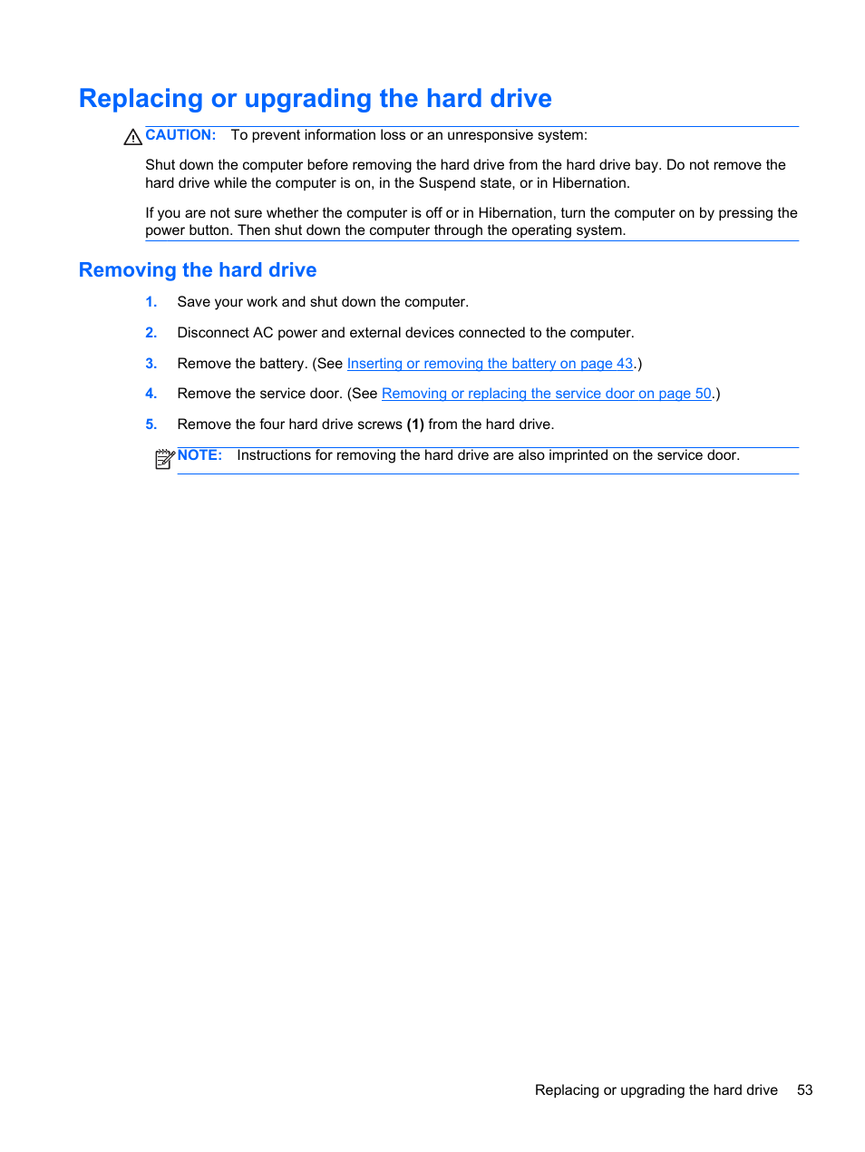 Replacing or upgrading the hard drive, Removing the hard drive | HP ProBook 4740s Notebook-PC User Manual | Page 63 / 110