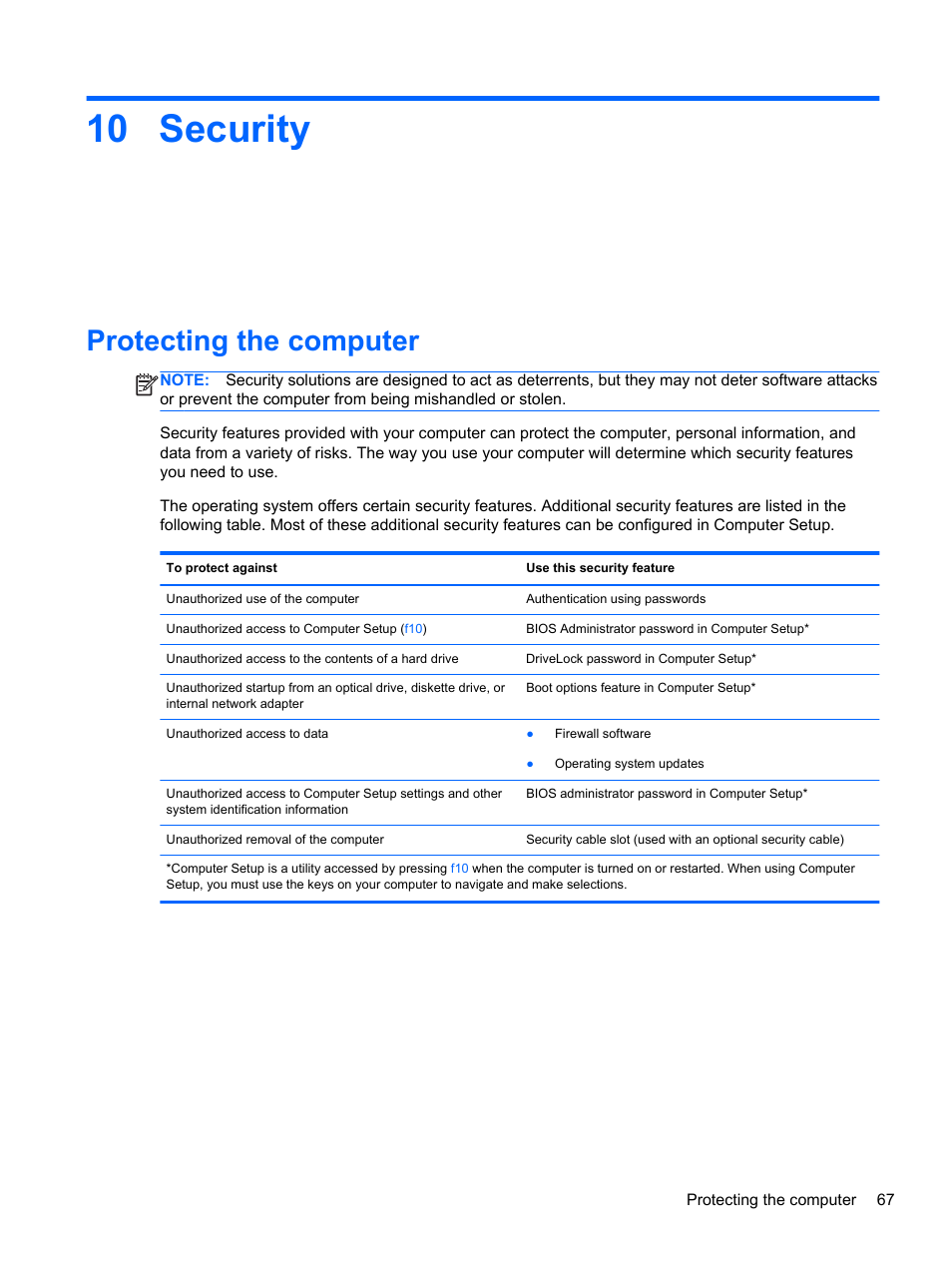 Security, Protecting the computer, 10 security | HP ProBook 4740s Notebook-PC User Manual | Page 77 / 110