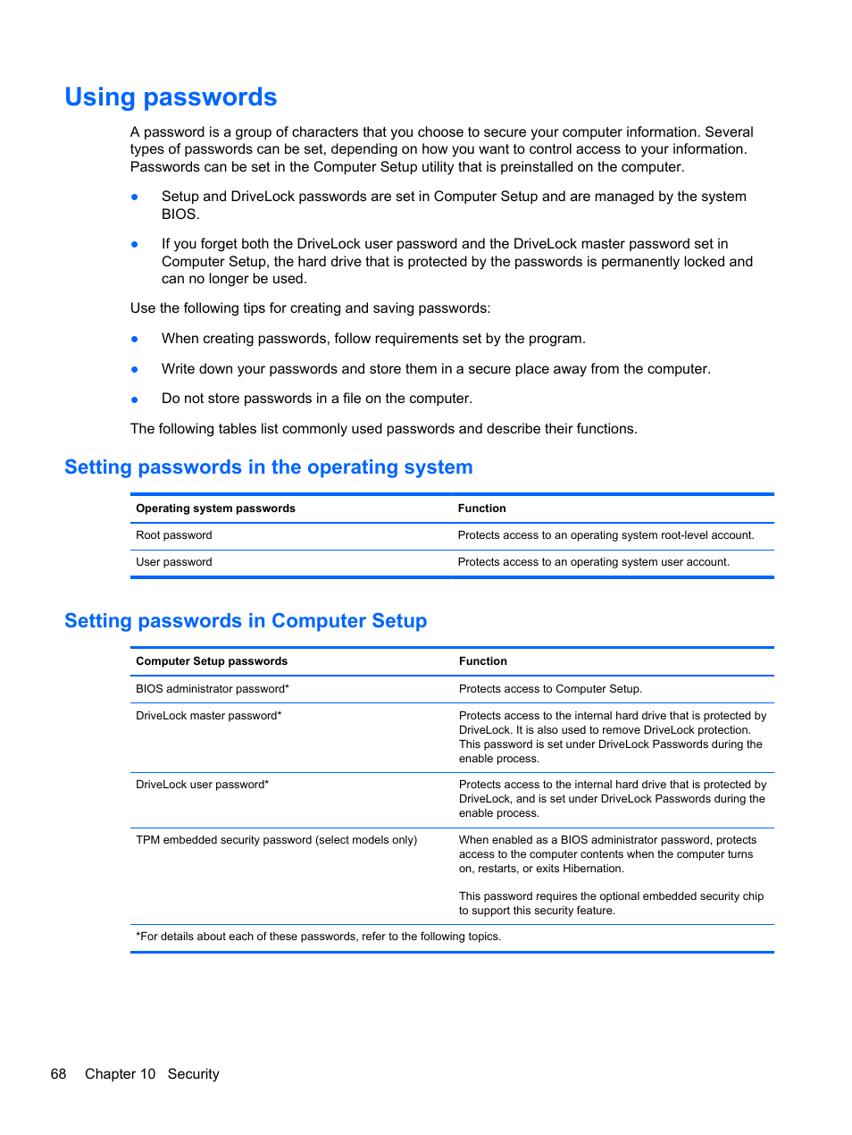 Using passwords, Setting passwords in the operating system, Setting passwords in computer setup | HP ProBook 4740s Notebook-PC User Manual | Page 78 / 110
