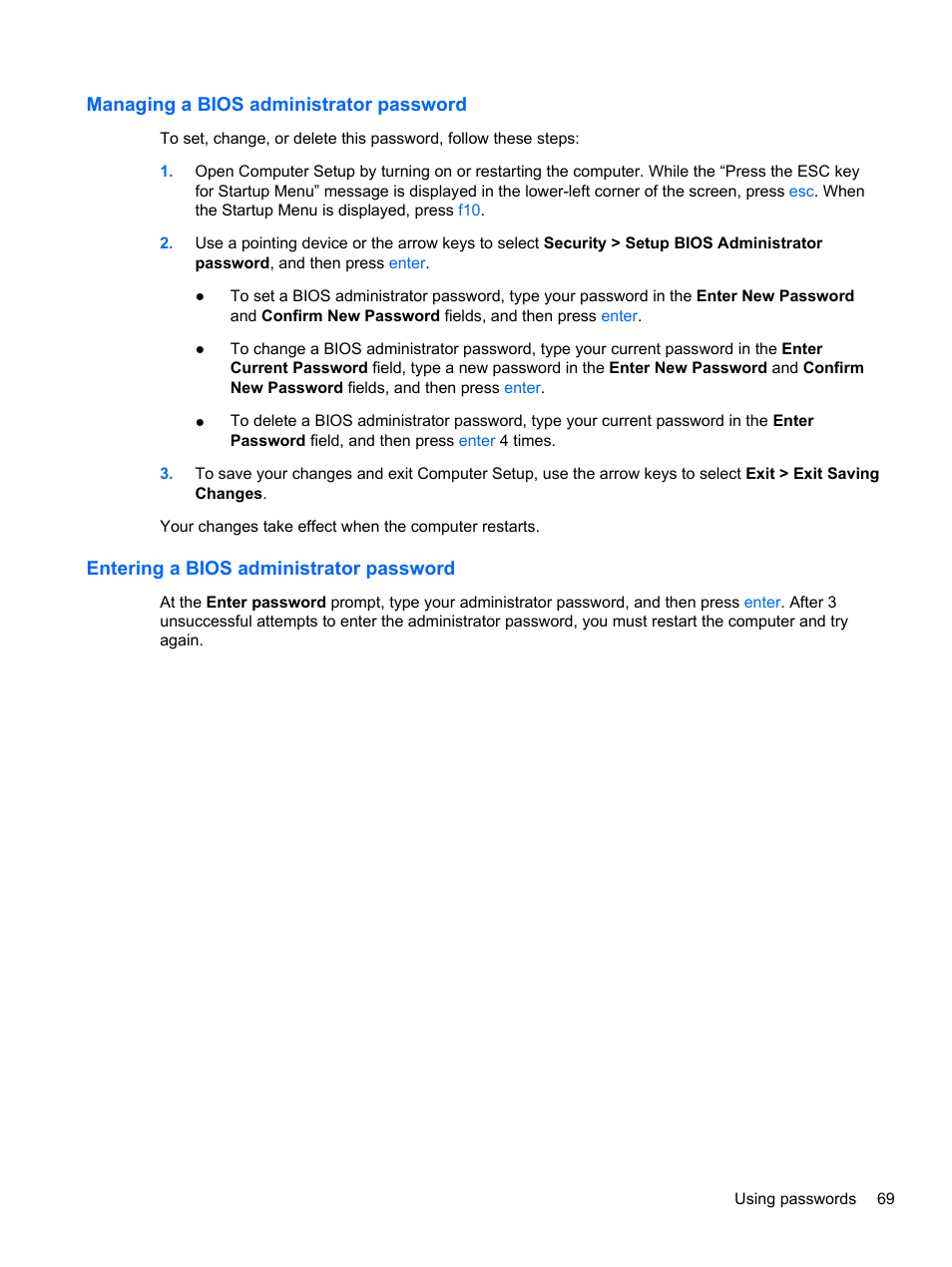 Managing a bios administrator password, Entering a bios administrator password | HP ProBook 4740s Notebook-PC User Manual | Page 79 / 110