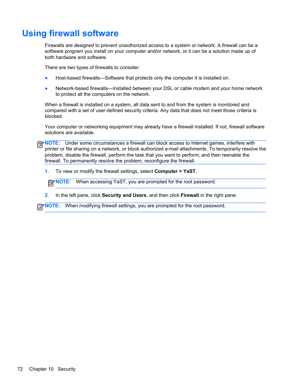 Using firewall software | HP ProBook 4740s Notebook-PC User Manual | Page 82 / 110