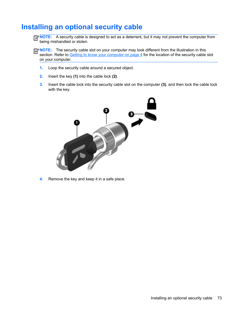 Installing an optional security cable | HP ProBook 4740s Notebook-PC User Manual | Page 83 / 110